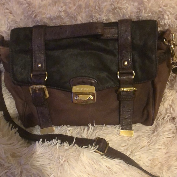 Cynthia Rowley Brown Leather & Faux Fur Bag With Zebra Print Interior - Picture 1 of 10